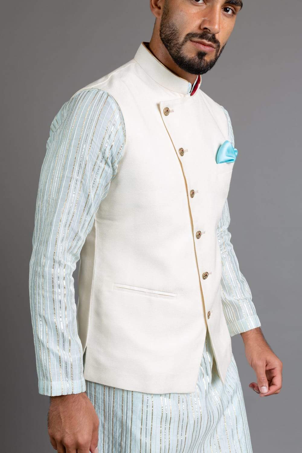 Off White Wool Blend Fabric Nehru Jacket