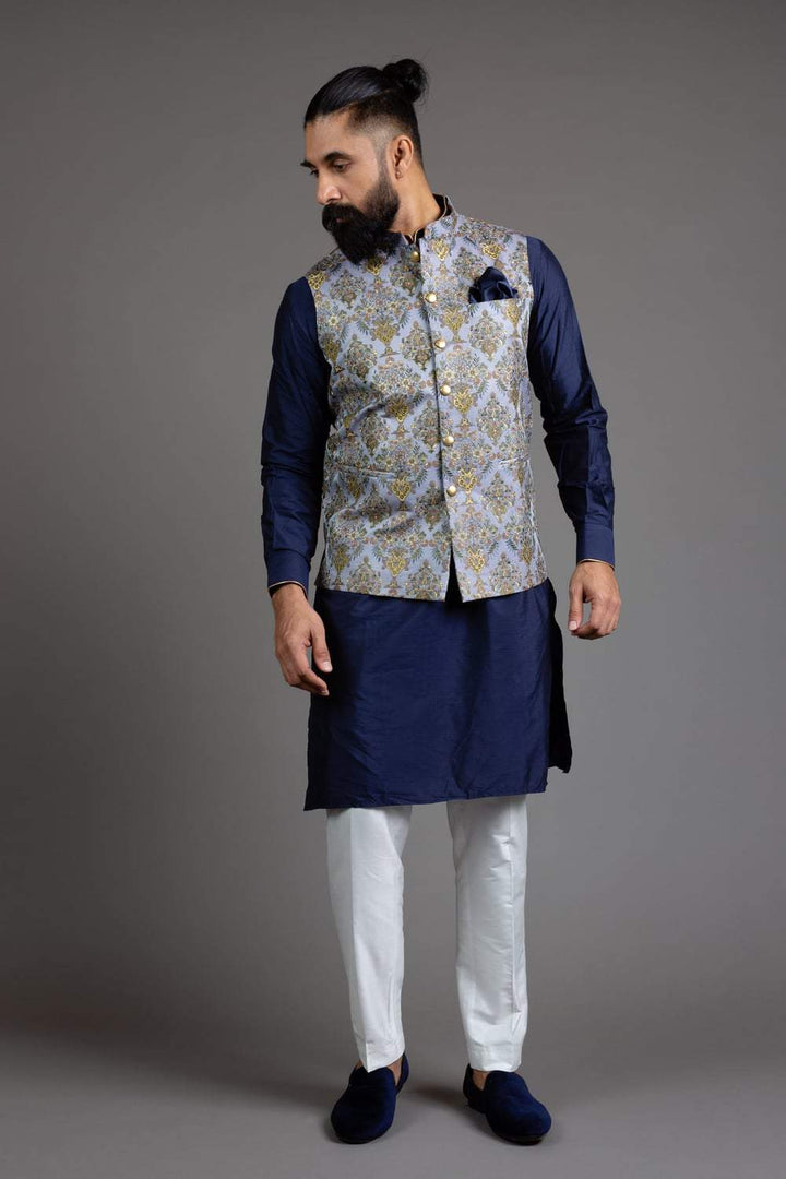Powder Blue Brocade Nehru Jacket