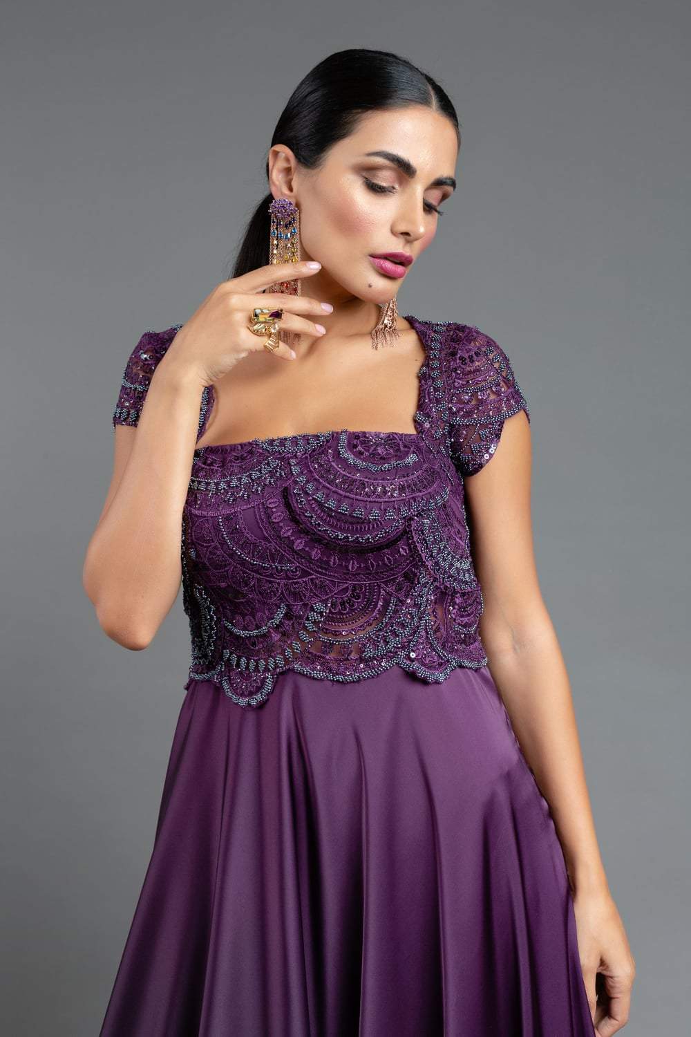 Purple Embroidered Cocktail Gown