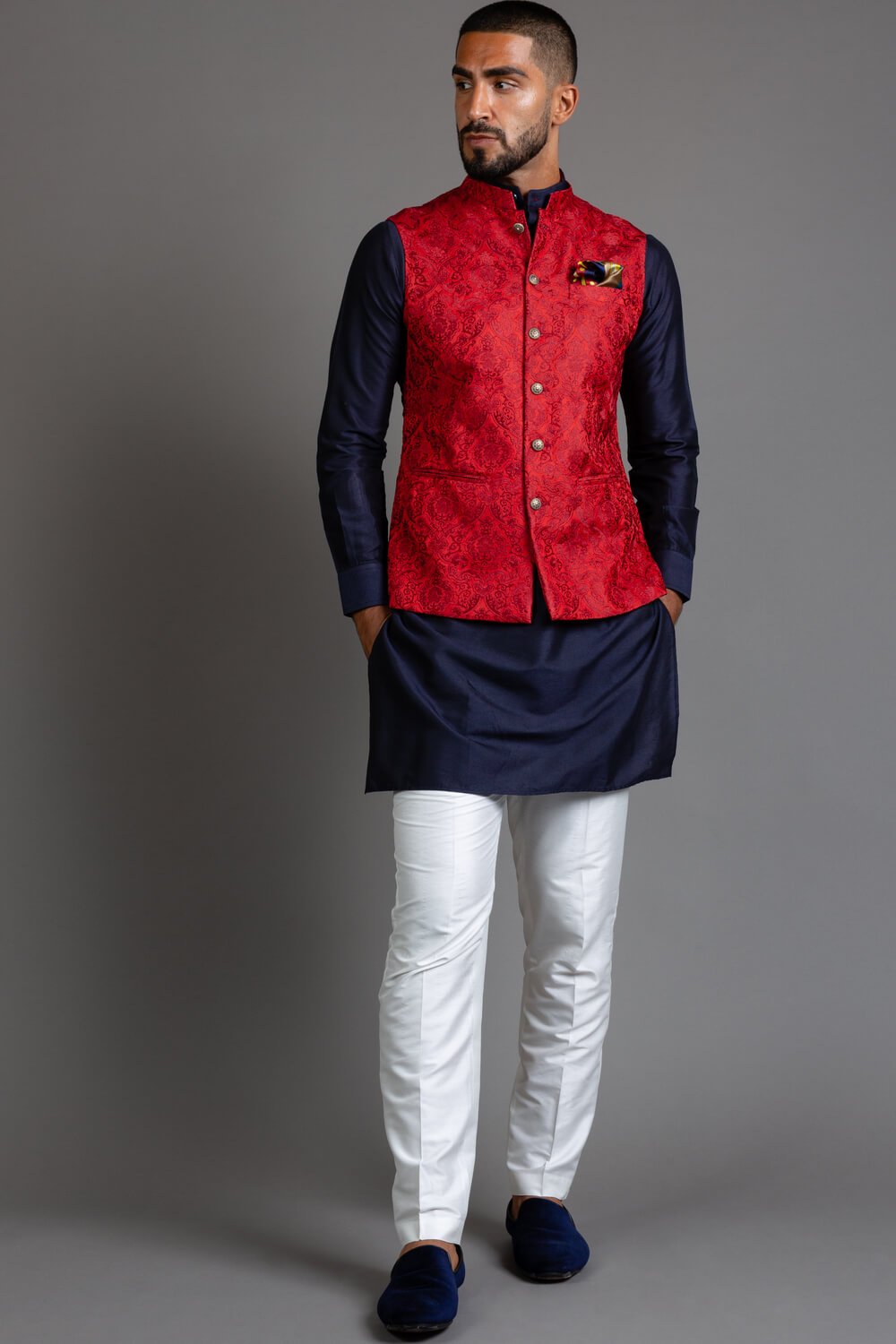 Red Embroidered Nehru Jacket