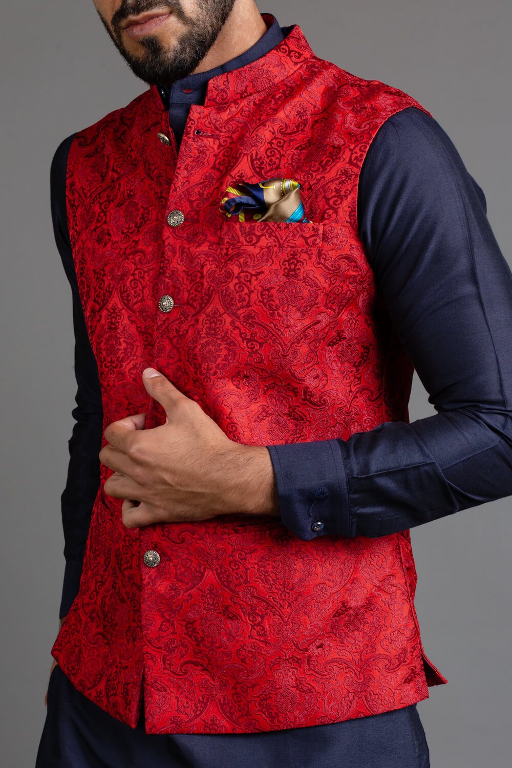 Red Embroidered Nehru Jacket