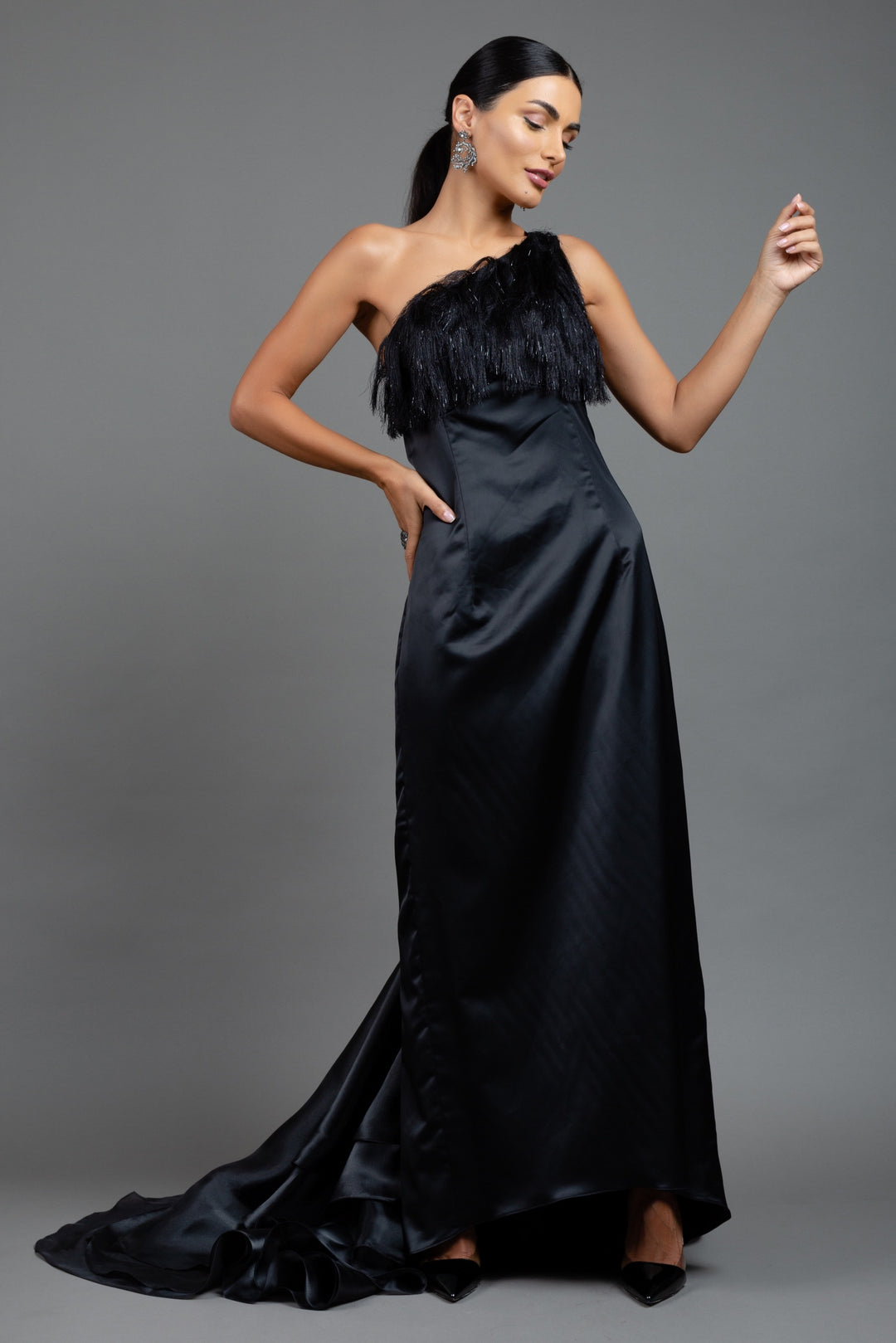 BLACK GOWN WITH FRINGES