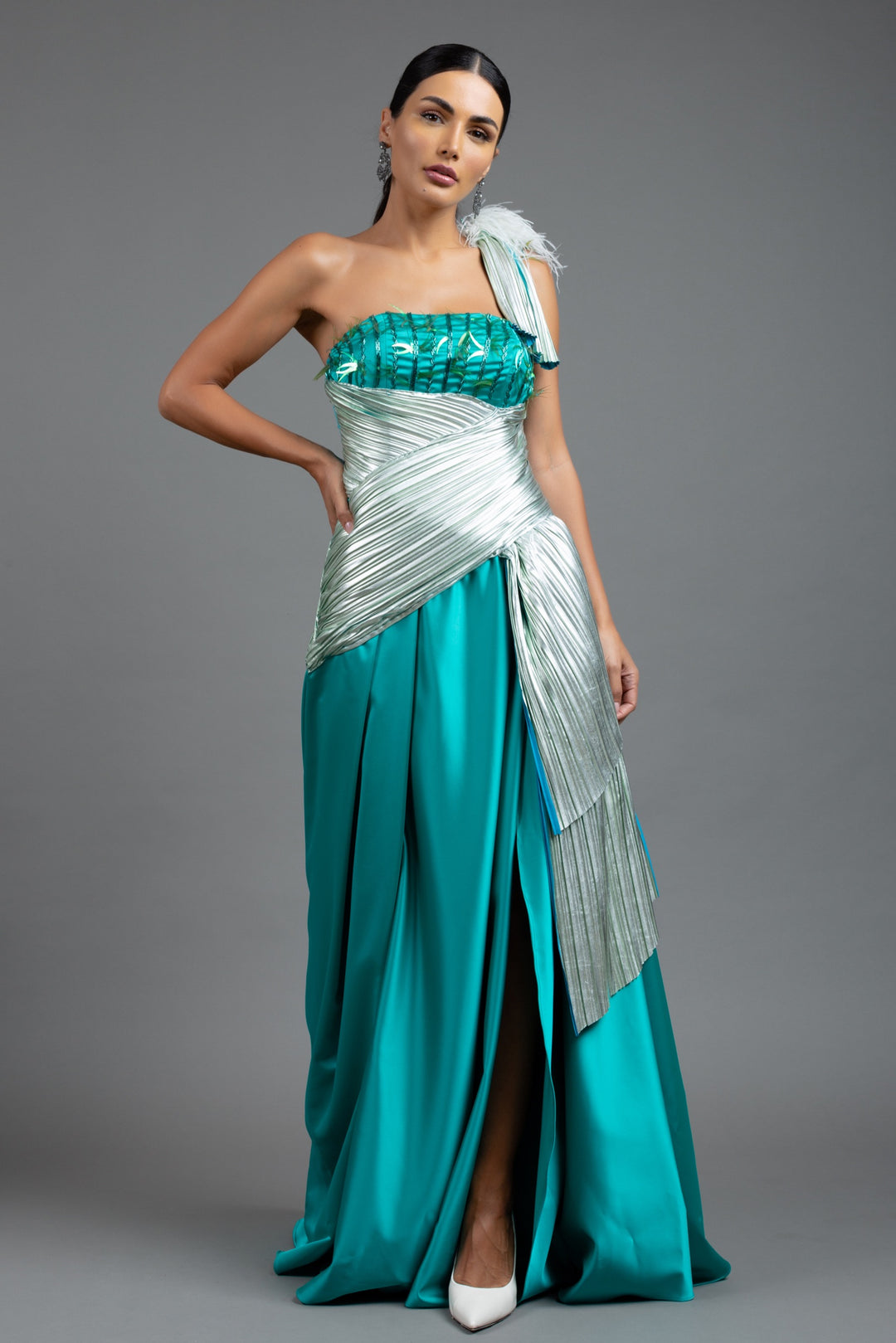 GREEN RUCHED GOWN