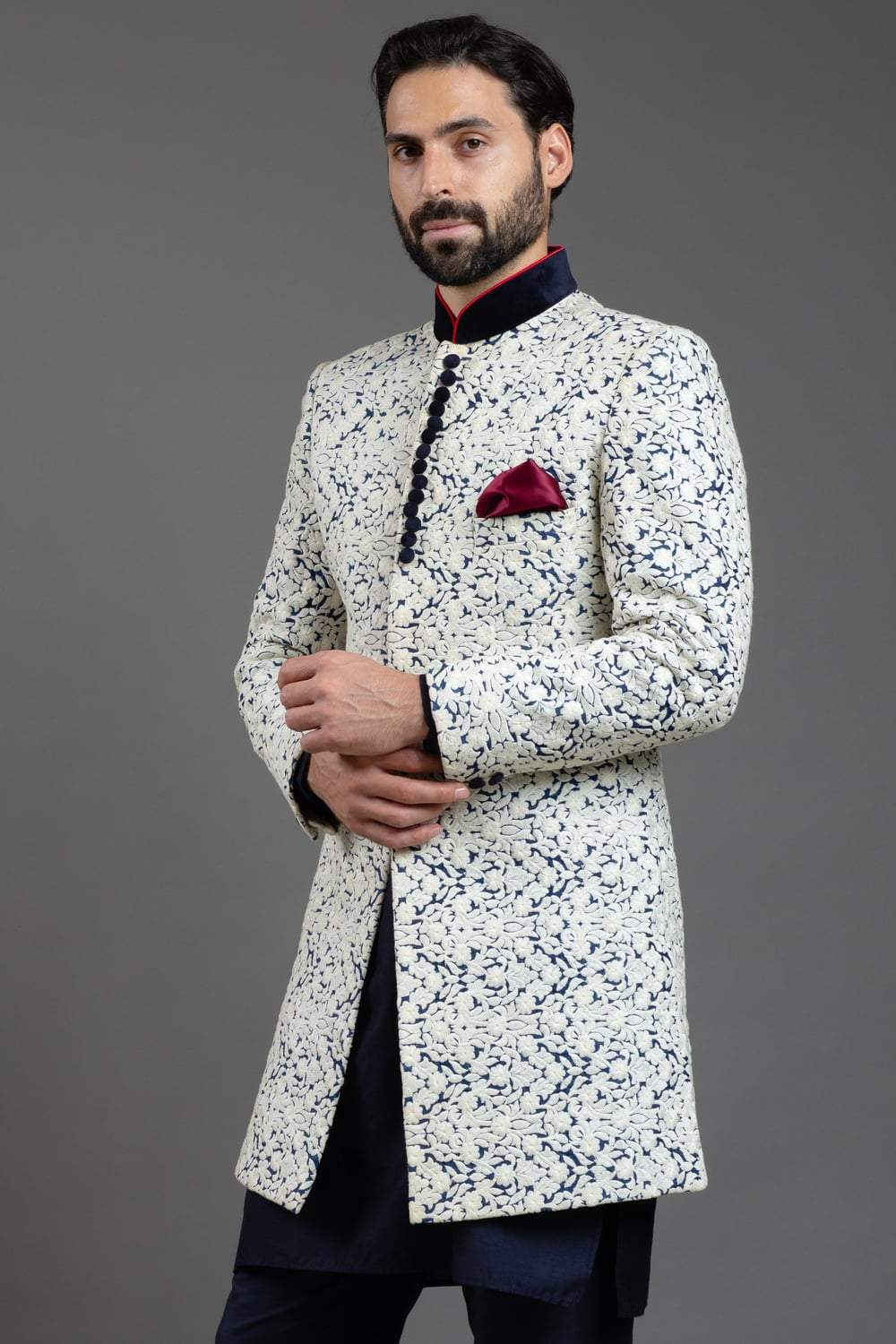 White And Blue Embroidered Indowestern