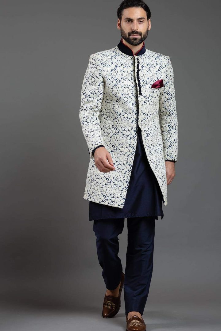White And Blue Embroidered Indowestern