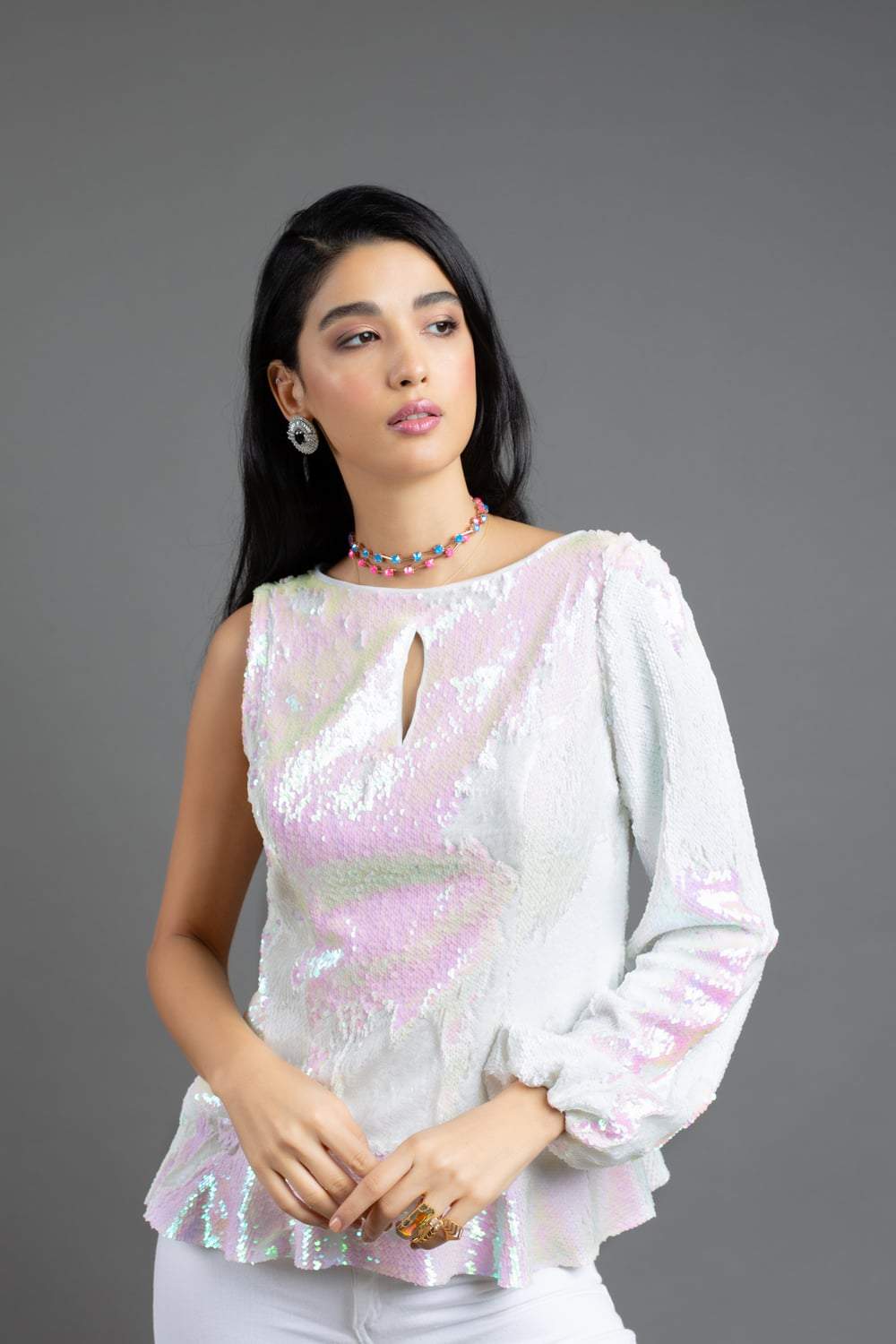 White Sequin Frill Top