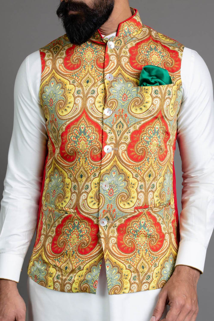 Yellow And Orange Printed Nehru Jacket